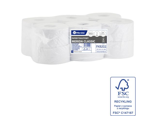 MERIDA CLASSIC roll toilet paper, white, 1 -ply, 19 cm diameter, recycled paper, 220 m (12 rolls / pack.)